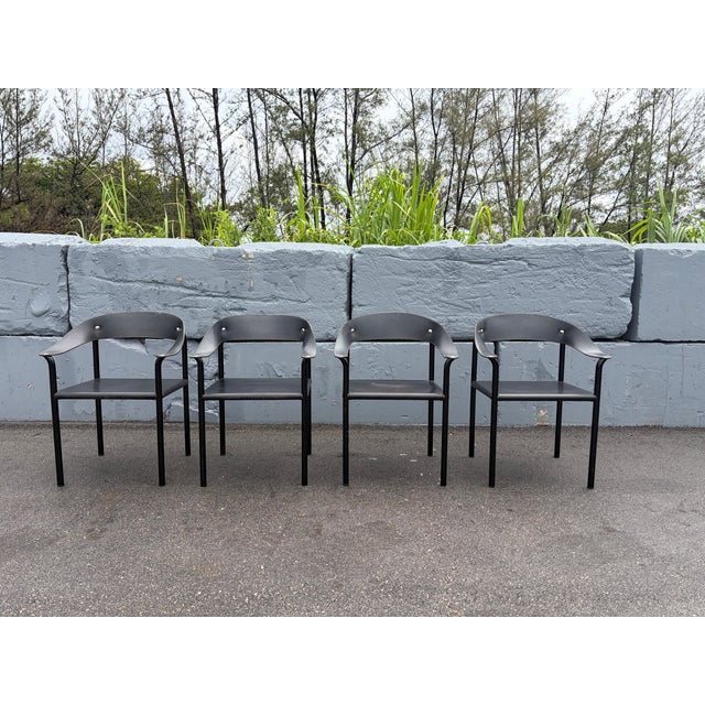 Set of Eight Attributed Artelano Black Leather Arm Chairs, Italy 1980s For Sale - Image 10 of 18