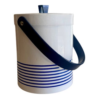 Vintage Nautical Navy Blue and White Striped Ice Bucket For Sale