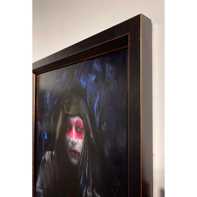 Contemporary Magique Noir by Tina Garrett | Oil on board Portrait of a figure with dramatic makeup and dark attire. For Sale - Image 3 of 3