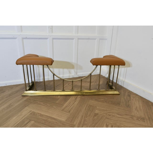 Brown Leather Upholstered Brass Club Fender For Sale - Image 8 of 9