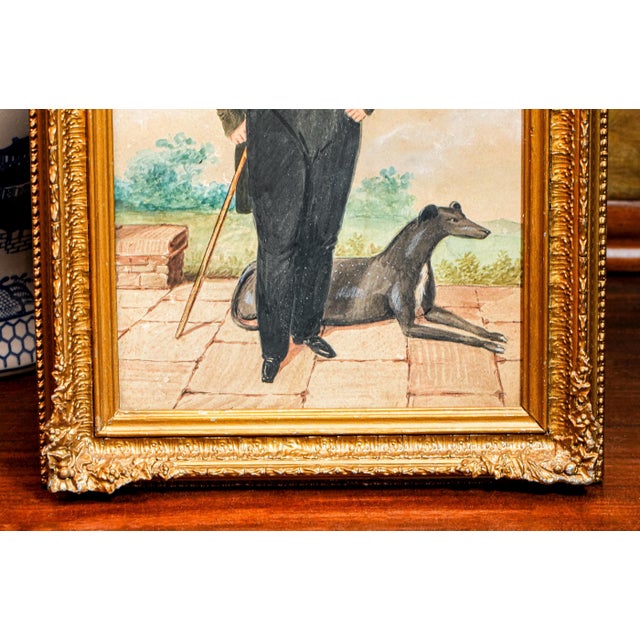 Paint Amazing Antique English School Portrait Gouache Watercolor Painting of Aristocratic Man With Dog Framed Wall Decor For Sale - Image 7 of 15