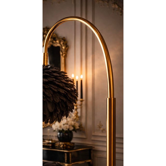 Late 20th Century Dramatic Hollywood Regency Brass Arc Floor Lamp With Black Feather Shade – From a Curated Private Collection For Sale In Los Angeles - Image 6 of 8