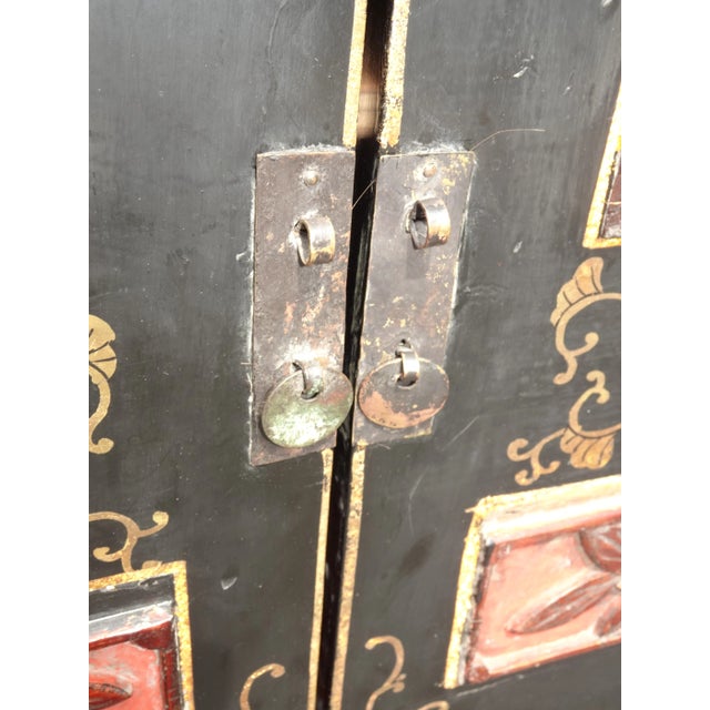 Vintage Chinese Asian Black & Red Hand Painted Lacquer Cabinet Side Table For Sale - Image 9 of 12