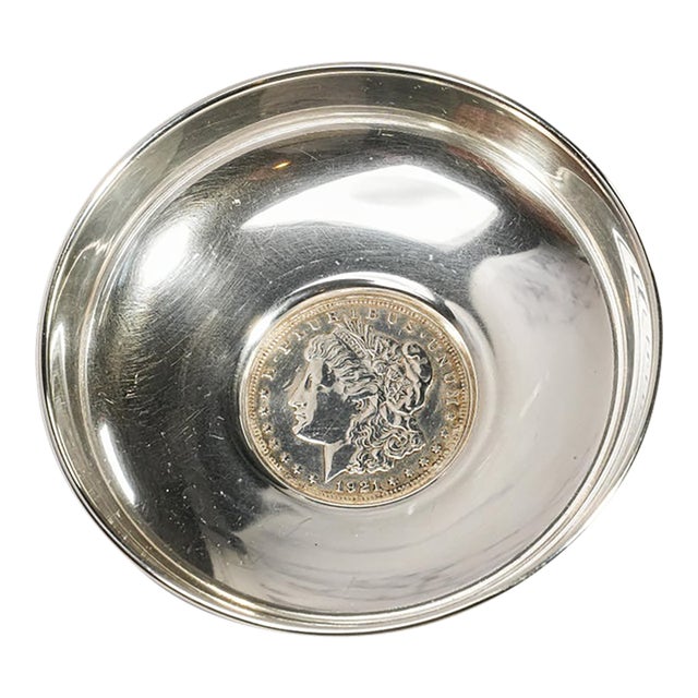 Fascinating Vintage Sterling Silver Catchall Dish 1921 Morgan Silver Dollar Coin Jewelry Tray Luxury Home Decor Americana For Sale
