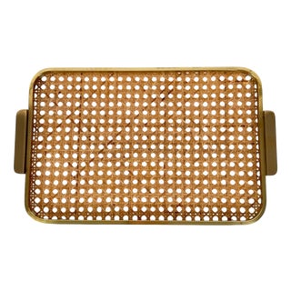 Mid-Century Modern Acrylic Glass, Brass and Cane Webbing Tray in the style of Christian Dior, 1970s For Sale