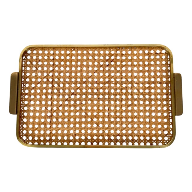 Mid-Century Modern Acrylic Glass, Brass and Cane Webbing Tray in the style of Christian Dior, 1970s For Sale