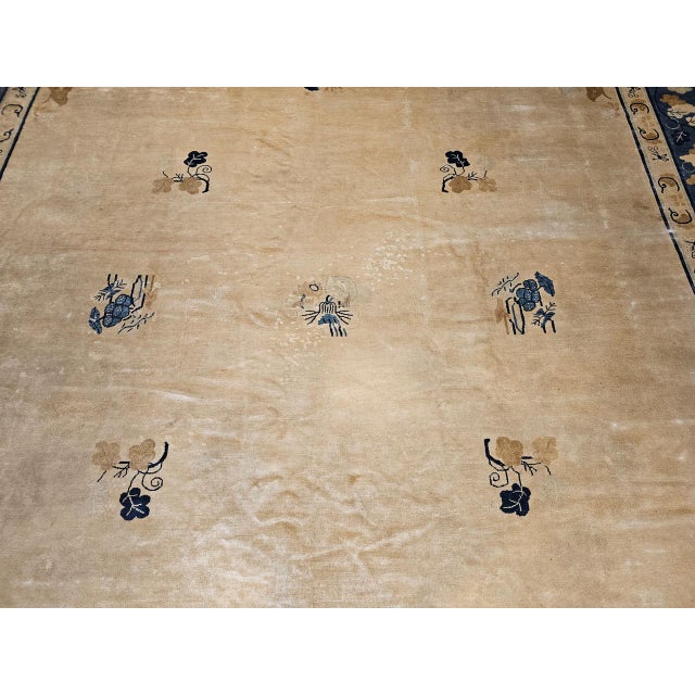 19th Century Antique Chinese Peking Rug, Handwoven Open Pattern, Tan & Blue, 12' X 14' For Sale - Image 11 of 17