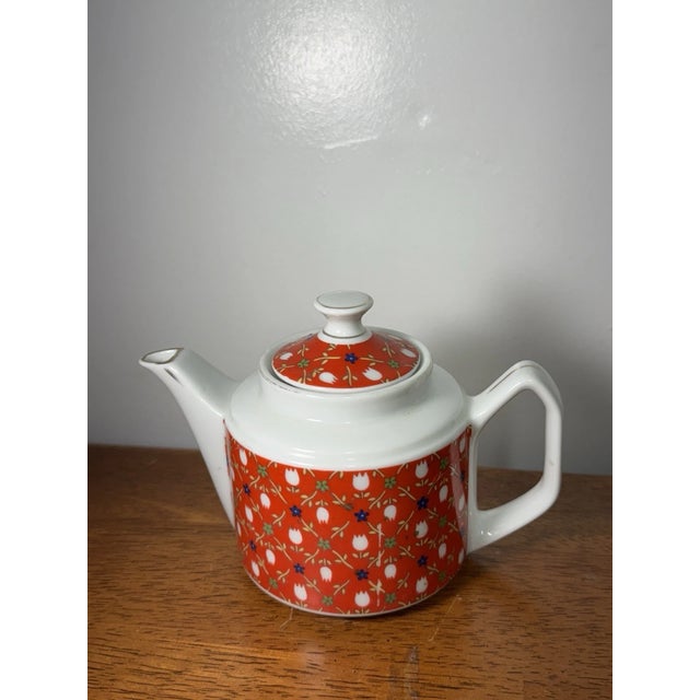 Mid-Century Modern Vintage Floral Teapot Red White Porcelain | Mid Century Style Tea Pot For Sale - Image 3 of 14