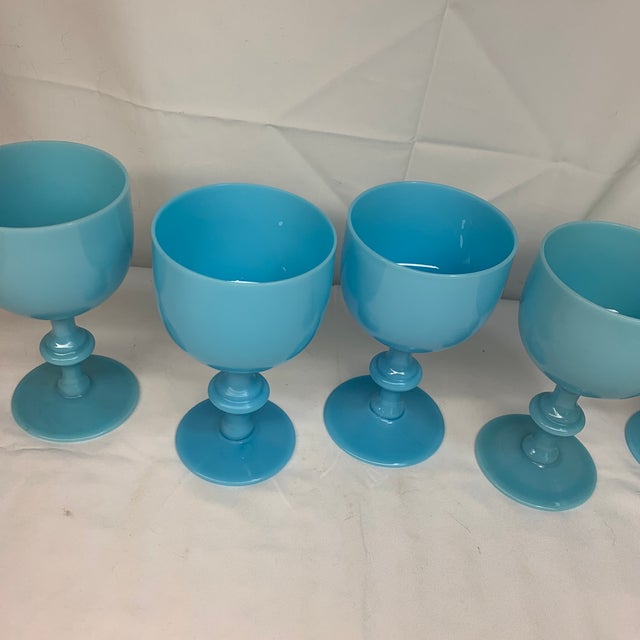 1940s Vintage 5” French Portieux Vallerysthal Robin’s Egg Blue Opaline Glass Goblets - Set of 5 For Sale - Image 5 of 6