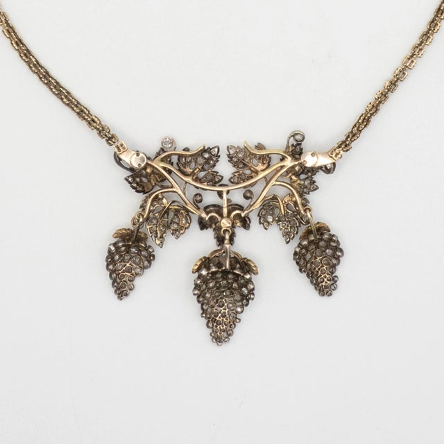 1900 - 1909 Antique 14k and Silver Top Diamond Grape and Leaf Pendant Necklace C. 1900s For Sale - Image 5 of 8