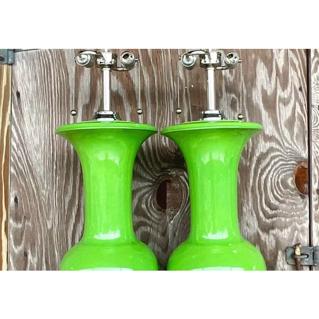 Vintage Regency Apple Green Glazed Ceramic Lamps - a Pair For Sale - Image 11 of 12