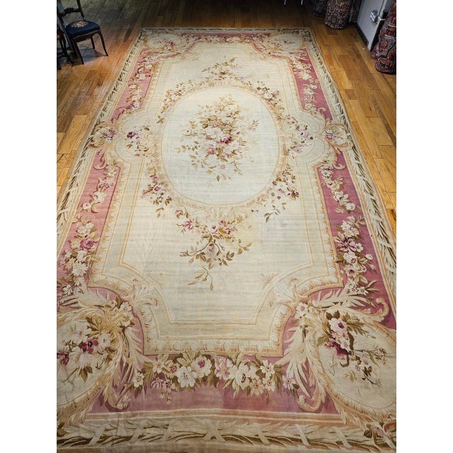 Antique French Aubusson Rug, Handwoven Wool, Floral Pattern, Ivory & Pale Green, 12' X 18' For Sale - Image 9 of 17