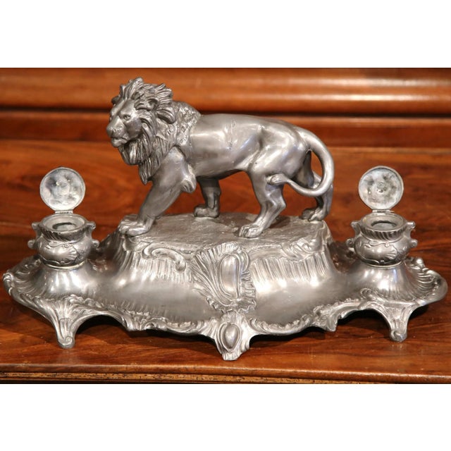 French Large 19th Century French Pewter Inkwell with Lion Signed A. Bossu For Sale - Image 3 of 8