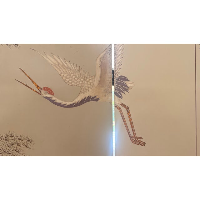 Vintage Asian Chinoiserie 4-Panel Gold Leaf Room Divider Screen With Cranes For Sale - Image 9 of 13