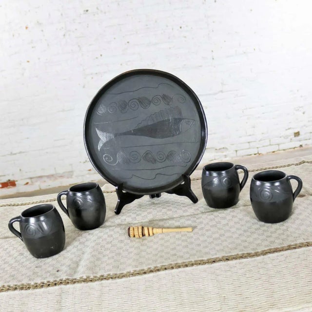 Vintage Black Clay Barro Negro Pottery Hot Chocolate Set Oaxaca Mexico 4 Mugs and Fish Tray - 6 pcs For Sale - Image 6 of 13