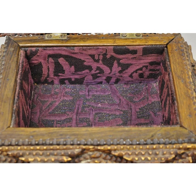 Brown Antique Tramp Art Diamond 2 Tier Hinged Carved Wood Presentation Jewelry Box For Sale - Image 8 of 12