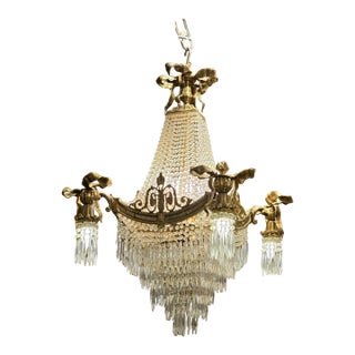 Empire Style Crystal Chandelier With Gilded Bronze Frame & Cascading Crystal Prisms For Sale