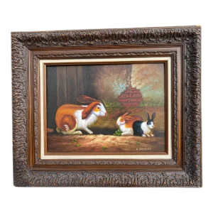 Bunny Rabbit Family- Framed Painting- Mid 20th C.