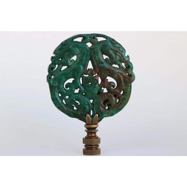 Chinoiserie Dragon Crest Carved Stone Lamp Finial on Bronze Hardware For Sale - Image 3 of 3