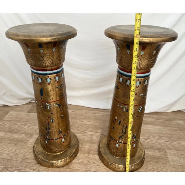 Vintage Egyptian Column Plant Stands Pedestals Carved Stone Look Resin Set of Two For Sale - Image 10 of 13