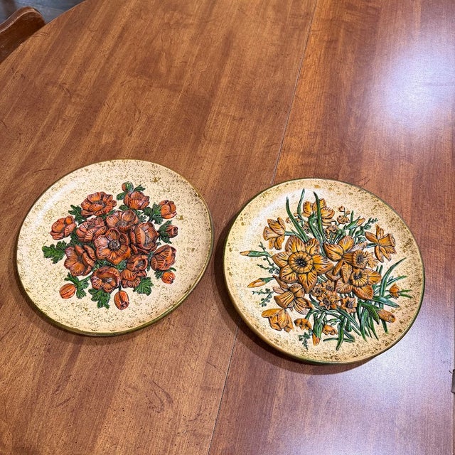 1970s 2 Vintage Large 3d Floral Wall Hanging Plates Poppies Daffodils Mid Century MCM For Sale - Image 5 of 12