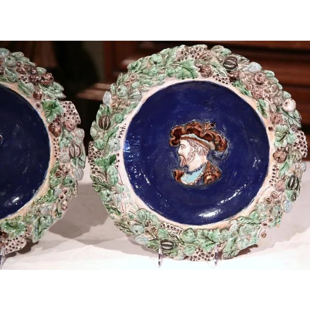 19th Century French Hand Painted Barbotine Chargers - A Pair For Sale - Image 4 of 11