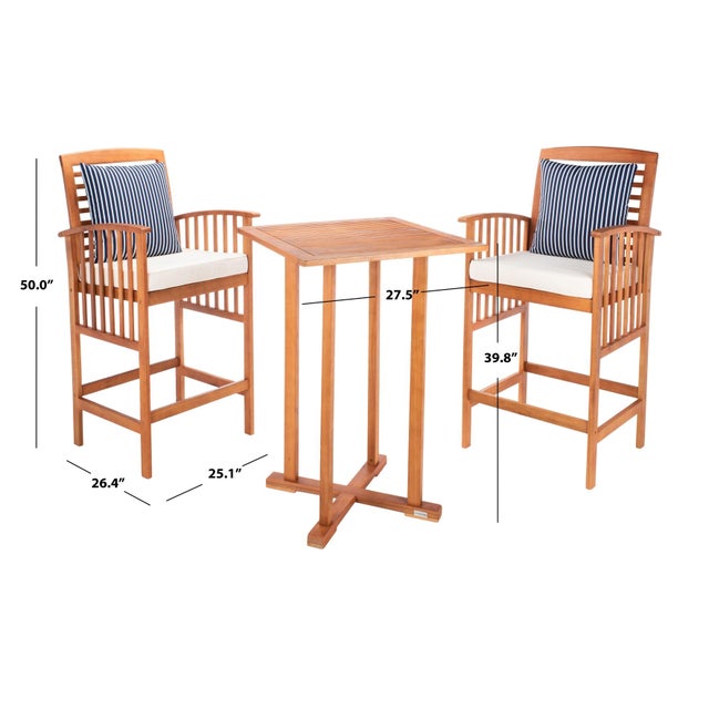 Transitional Pate 3-Piece Bar Height Bistro Set, Natural/Beige Cushion /Navy Stripe Pillow For Sale - Image 3 of 9