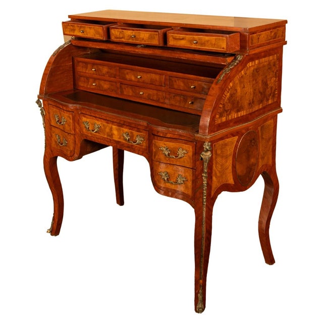 Antique French Louis XV Cylinder Marquetry & Ormolu Bureau Writing Desk 1880 For Sale In Portland, OR - Image 6 of 17