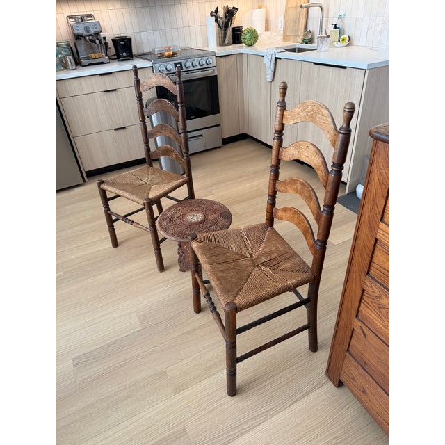 American Antique Ladder Back Chairs with Rush Seats- Set of 2 For Sale - Image 3 of 11