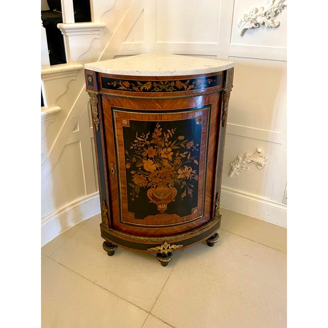 Antique Louis XVI French Marquetry Corner Cabinet with Marble Top, 1860s For Sale - Image 11 of 11