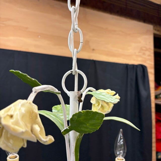 Vintage Italian Style Painted Tole Floral 6-Arm Chandelier With Yellow Roses For Sale - Image 9 of 13