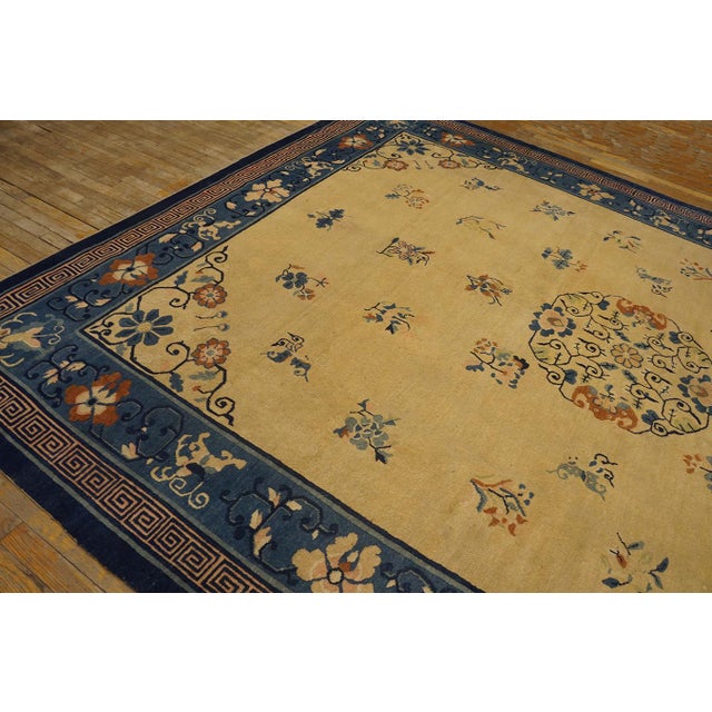 1920s Antique Chinese Peking Chinese Floral Medallion Deco Ivory Rug For Sale - Image 4 of 11