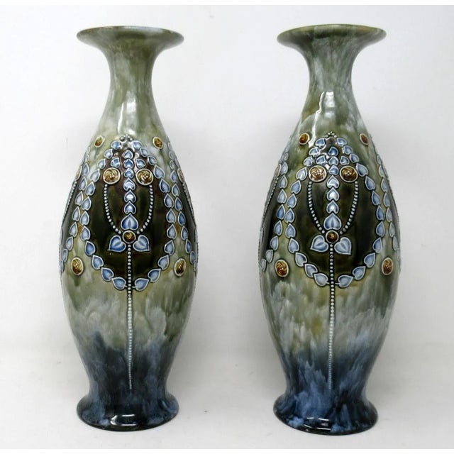 A Very Stylish Identical Pair of English Royal Doulton Lambeth Moulded Salt-Glaze Stoneware Pottery Long neck mantle Vases...