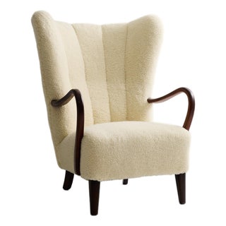 1960s Danish Lambswool Wingback Lounge Chair Attributed to Alfred Christensen For Sale