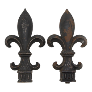 Pair of Mid 20th Century Reclaimed Fleur De Lis Black Cast Iron Fence Finials