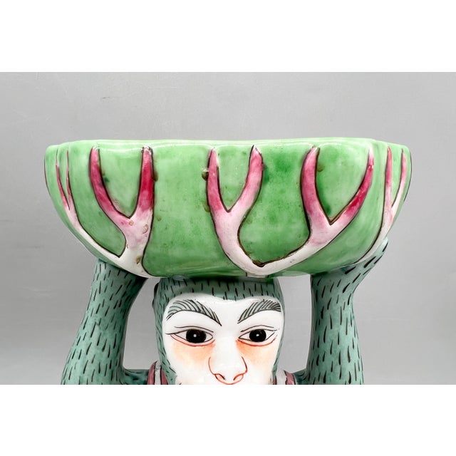 Green Vintage Andrea by Sadek Chinoiserie Monkey With Bok Choy Bowl – Hand-Painted Ceramic – Hollywood Regency / Grandmillennial For Sale - Image 8 of 13