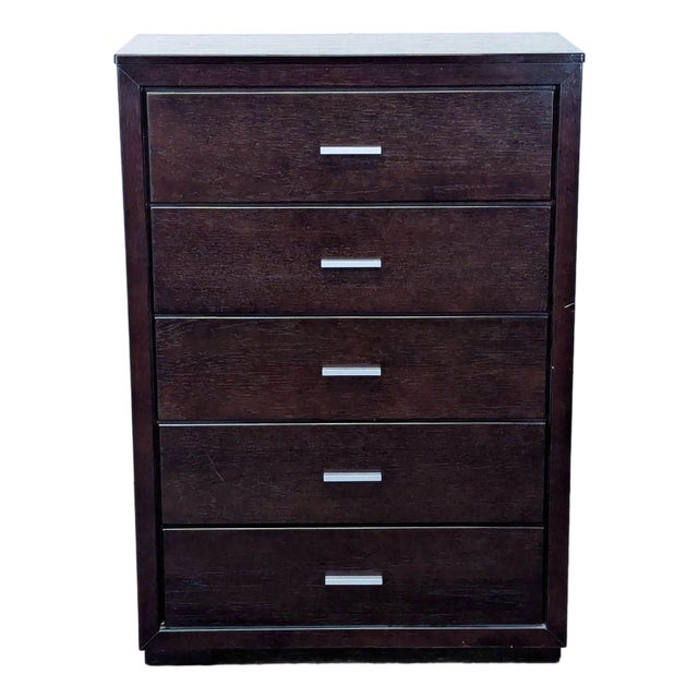 Modern 5-Drawer Dark Wood Dresser With Sleek Metal Handles For Sale