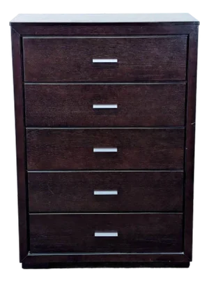 Modern 5-Drawer Dark Wood Dresser With Sleek Metal Handles
