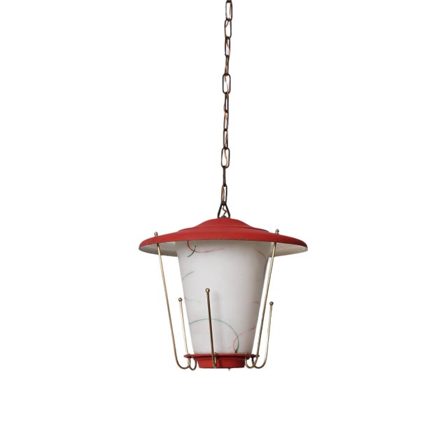 Mid-Century Italian Round Opaline Glass and Brass Red Lantern Chandelier, 1950s For Sale - Image 17 of 18