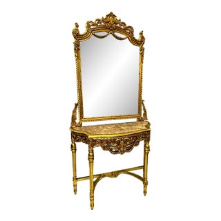 Luxury French Gold Leaf Console Table With Marble Top & Ornate Matching Mirror Set For Sale