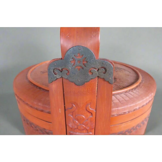 Red Antique Chinese Three Tier Red Lacquer Woven Twill Basket With Decorative Checker Weaves Lid For Sale - Image 8 of 12