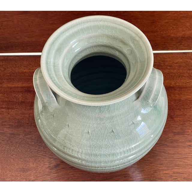 2010s Simon Pearce Crackle Glazed Celadon Two Handled Jug For Sale - Image 5 of 9
