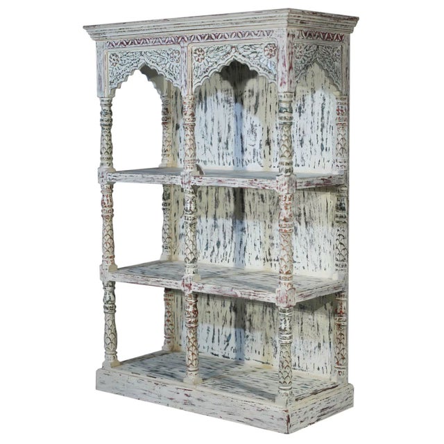 Far Pavilions Mid 19th Century Handcrafted White Washed Wood Bookcase | Arched 3 Tier Open Shelf Cabinet | Farmhouse Storage Display Unit For Sale - Image 4 of 7