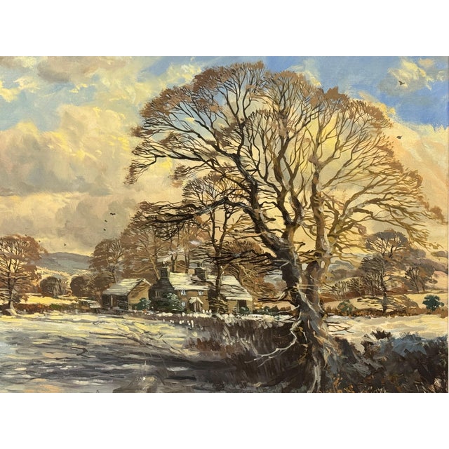 Late 20th Century John Miller Winter landscape with snow covered fields & farmhouse in the English Countryside 1985 Circa For Sale - Image 5 of 14