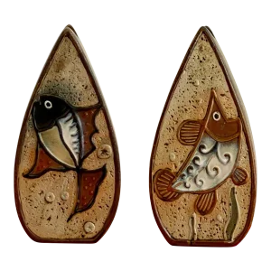 Mid-Century Modernist Textural Fish Design Double Sided Studio Pottery Ceramic Vase