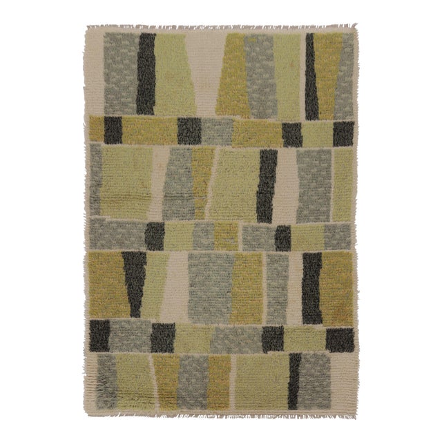 Vintage Swedish Rya Rug, Ivory With Scandinavian Abstract Geometry - Rug & Kilim For Sale