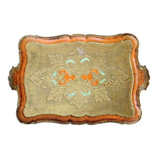 Italian Gilded Hand Painted Florentine Tray For Sale