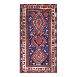 1890s Blue Diamond Antique Caucasian Kazak Rug 4'0" X 7'7" Handknotted Wool Carpet For Sale