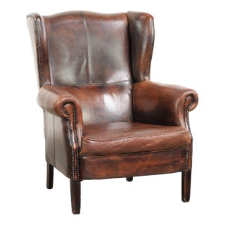 Vintage Sheepskin Wing Armchair in Deep Brown Color with Decorative Nails For Sale