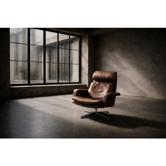 Set of Mid-Century Modern Danish Brown Leather Swivel Chair & Ottoman, 1970s For Sale - Image 13 of 18